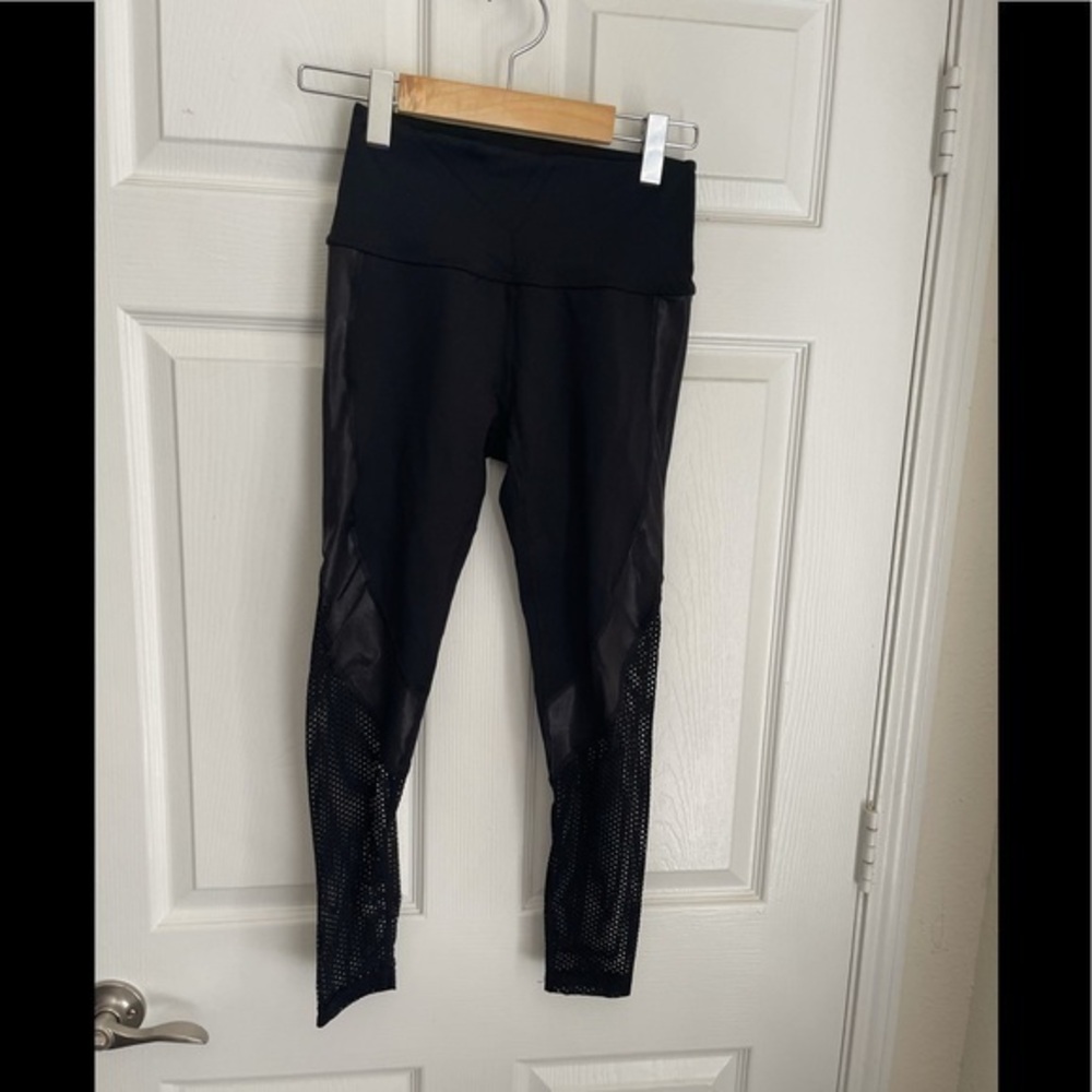 Beyond yoga leggings with faux leather and mesh details